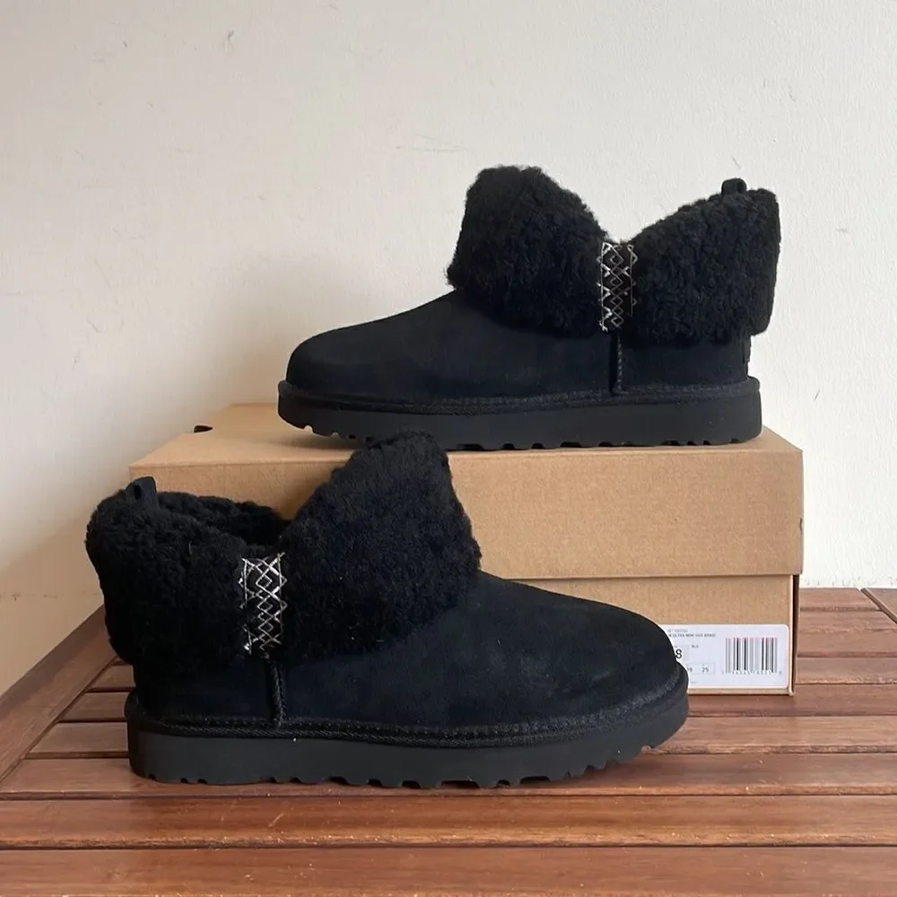 UGG Classic Ultra Mini Braid Booties Black USA Women Size 8/UK 6/EU 39